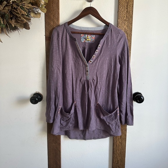 Anthropologie Little Yellow Button Calantha Tee Purple Pocket Long Sleeve Small - Picture 4 of 11